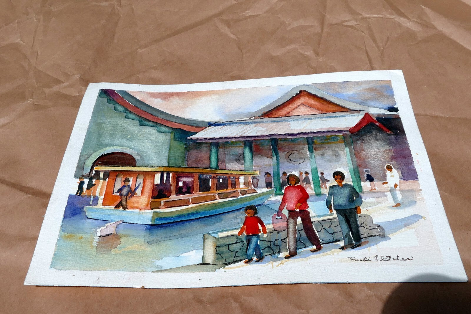 Beach people walking Watercolor by Freddie Fletcher  signed unframed 9X12"