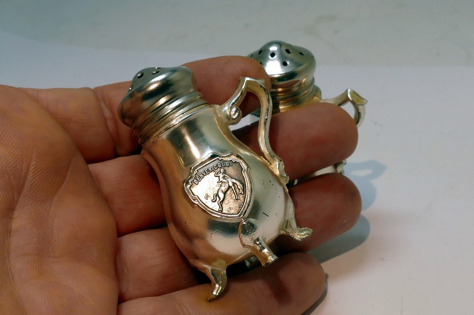 Cast iron Salt & Pepper Shaker Souvenir Of Denver Colorado Rider & Bronco  USA