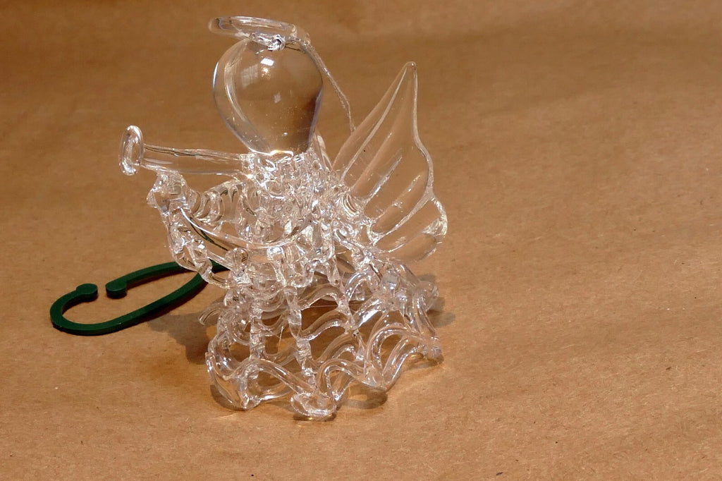 Spun Glass clear 2.5" hanging ornament angel with trumpet
