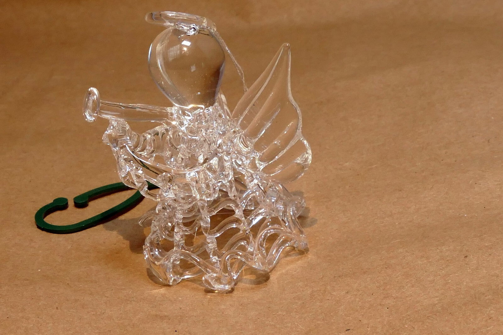 Spun Glass clear 2.5" hanging ornament angel with trumpet