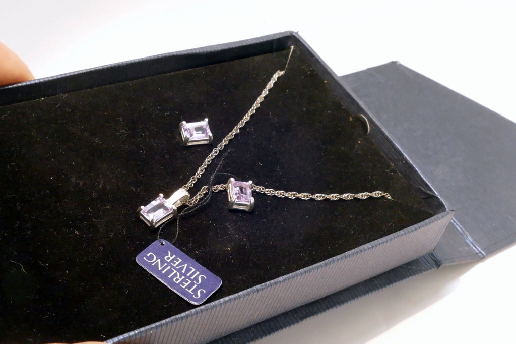 Sterling silver 925 pink pendant earring set 18" chain vintage