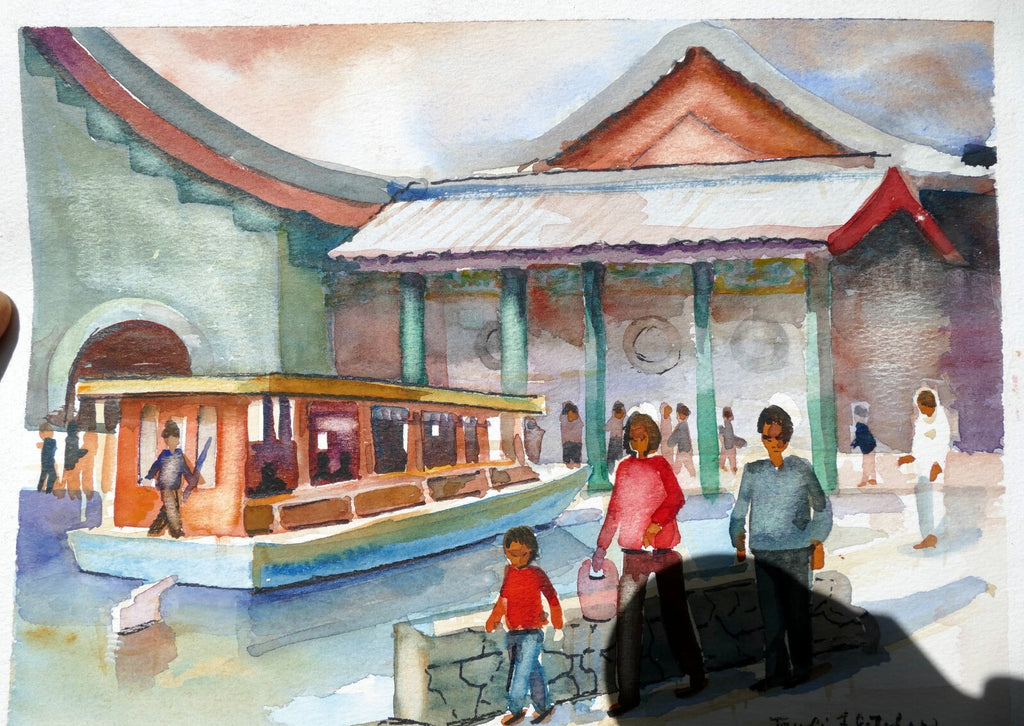 Beach people walking watercolor by freddie fletcher signed unframed 9x12"