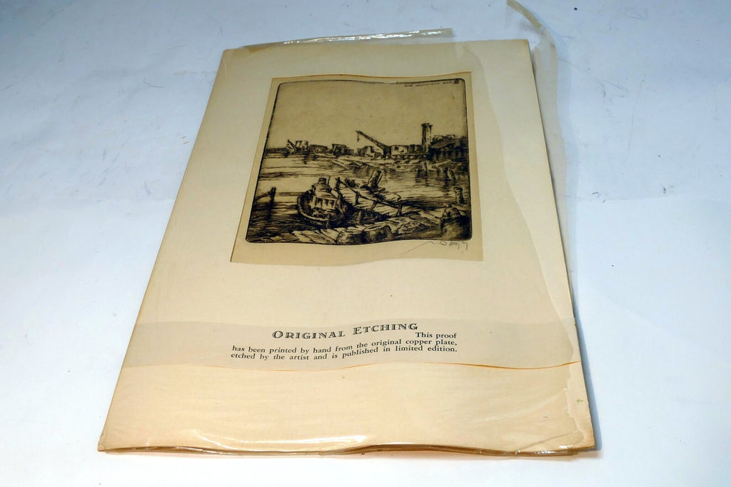 " San Francisco Bay"  Hand Signed Etching 19th century fisherman's wharf 1850's
