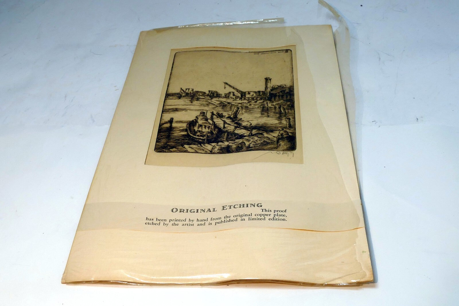 " San Francisco Bay"  Hand Signed Etching 19th century fisherman's wharf 1850's