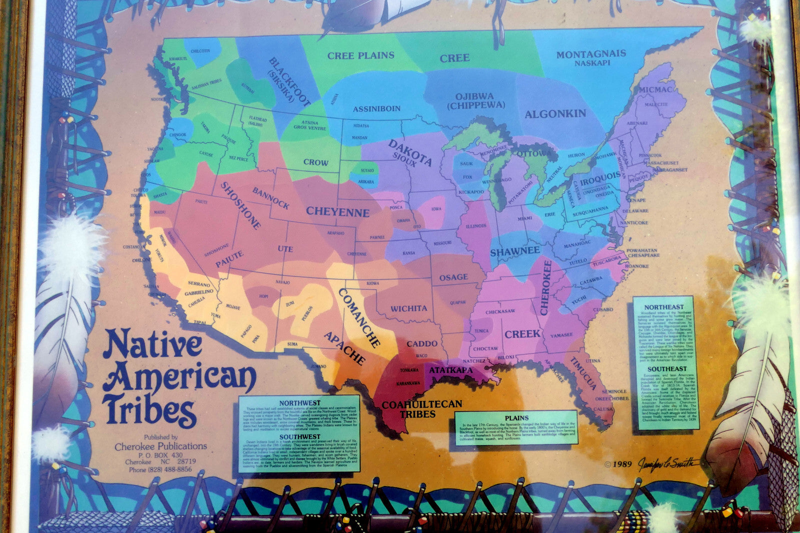 LARGE FRAMED TRIBES OF THE NaTIVE AMERICAN NATION PICTORIAL MAP Cherokee 1989