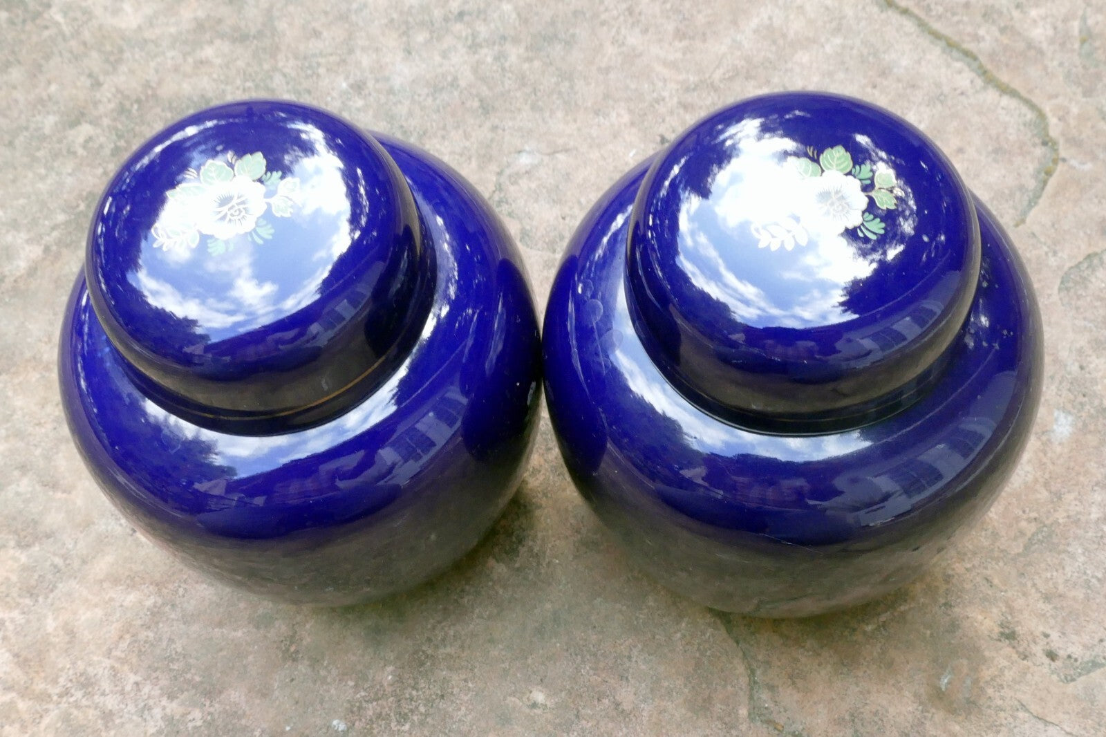 Kutani Ware Cobalt Blue Peacock/Floral Hand Painted Ginger Jar 5.5" tall 2 pack