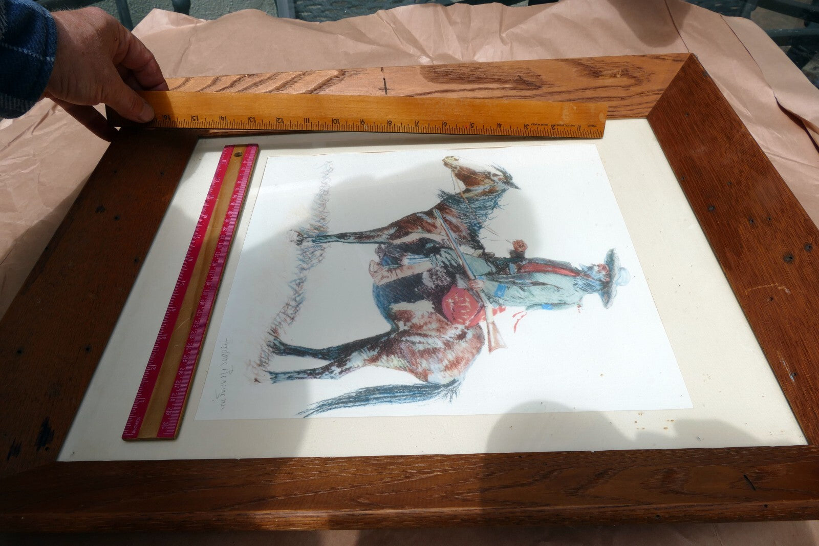 Old Trapper signed Frederic Remington cowboy on a horse framed  11X14"