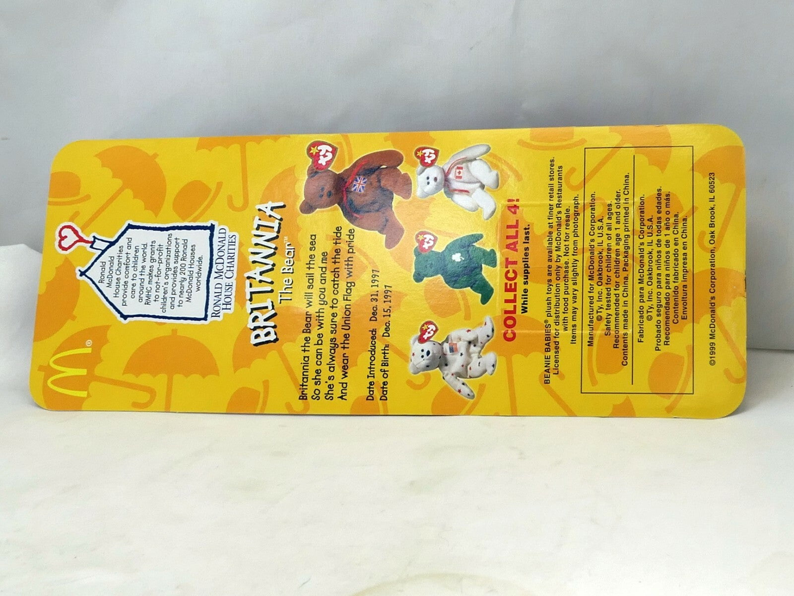 Britannia The Bear 1997 McDonald's Ty Beanie Baby new 1999 OakBrook