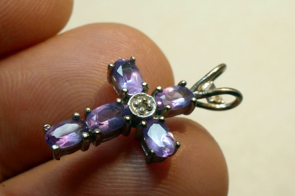 Purple Cubic Zirconia Crucifix Cross Pendant 925 silver sterling vintage