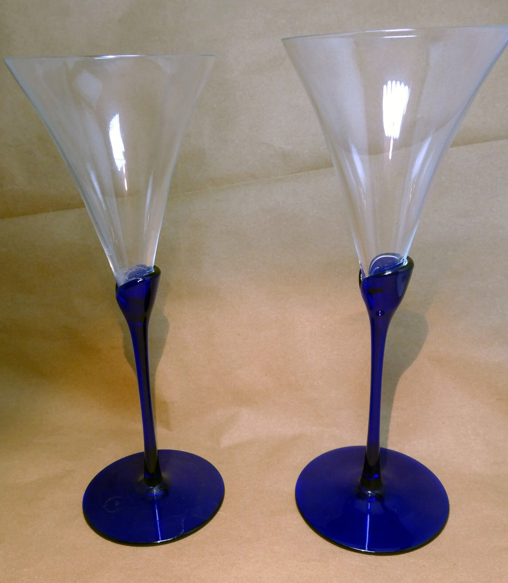 2 colony glasses flutes wine champagne amaryllis stem cobalt blue 9.6" tall set
