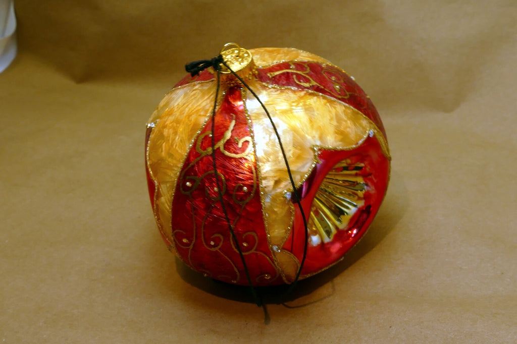 Blown Glass Gold-Red triple indent Christmas Ornament 4" Ball Mica Venice