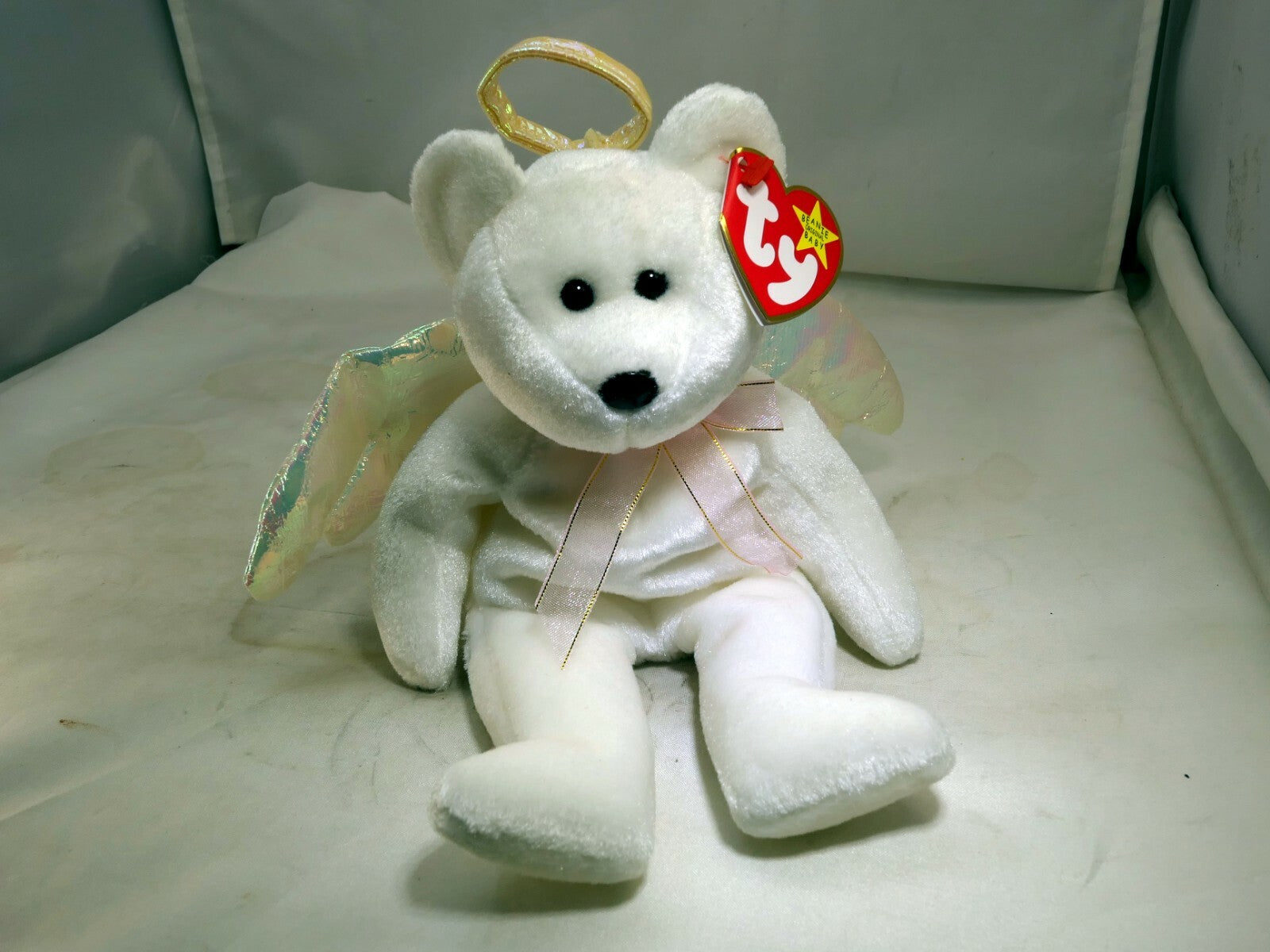 TY Beanie Babies HALO white Teddy Bear - mint with tag Brown nose black eyes