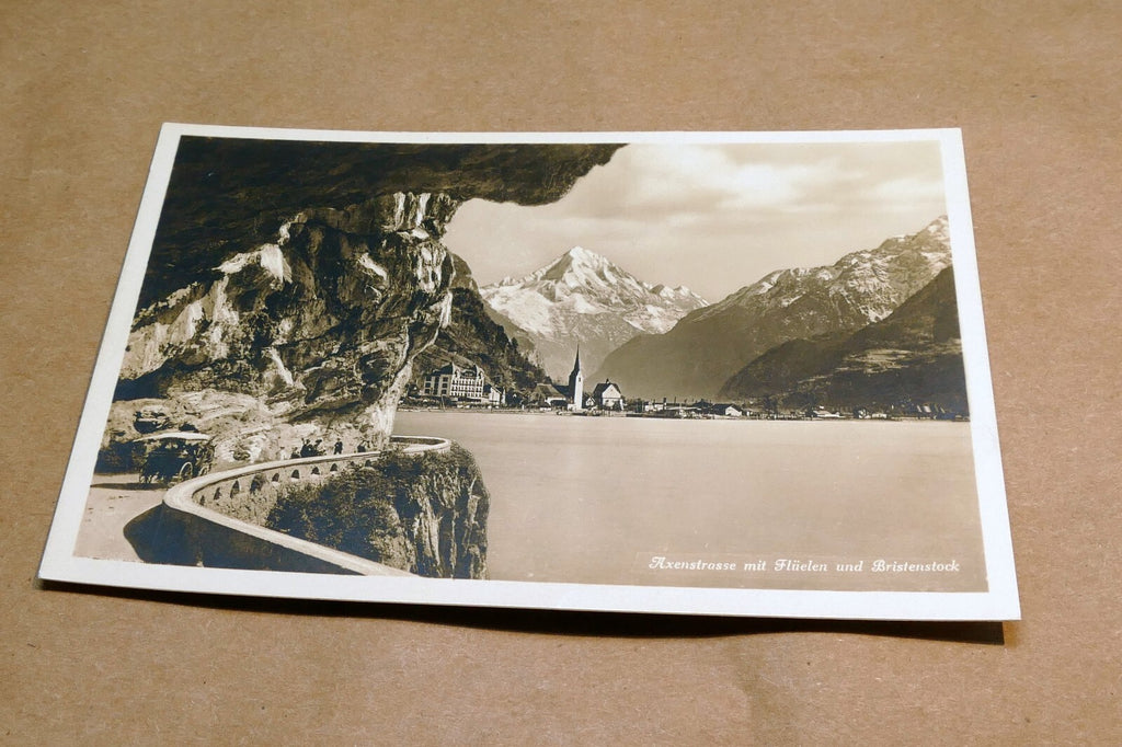 Axenstrasse mit Flüelen und Bristenstock Switzerland  1930's postcard - unposted