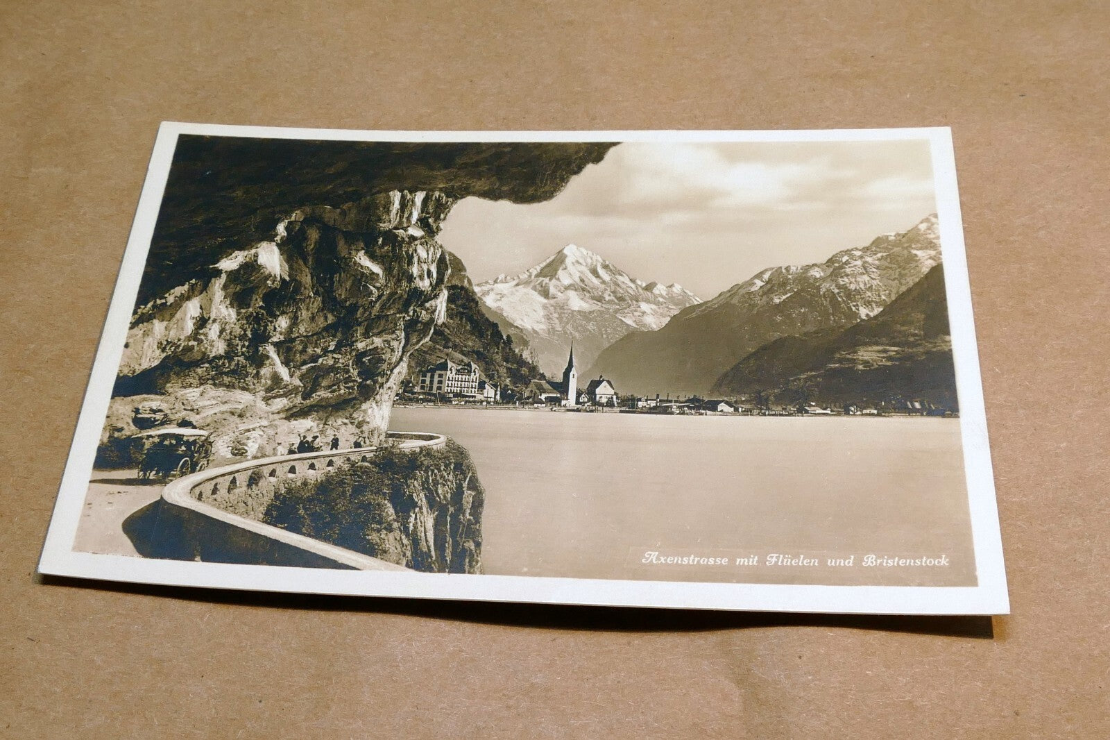 Axenstrasse mit Flüelen und Bristenstock Switzerland  1930's postcard - unposted