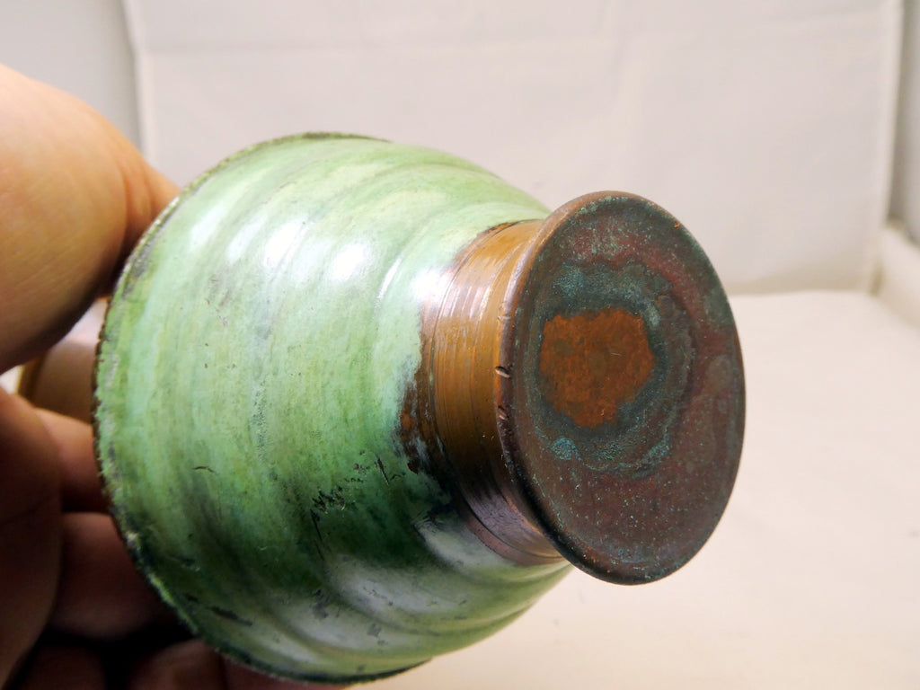 Solid Brass Vase engraved Green Floral design 6" tall east Asian handmade
