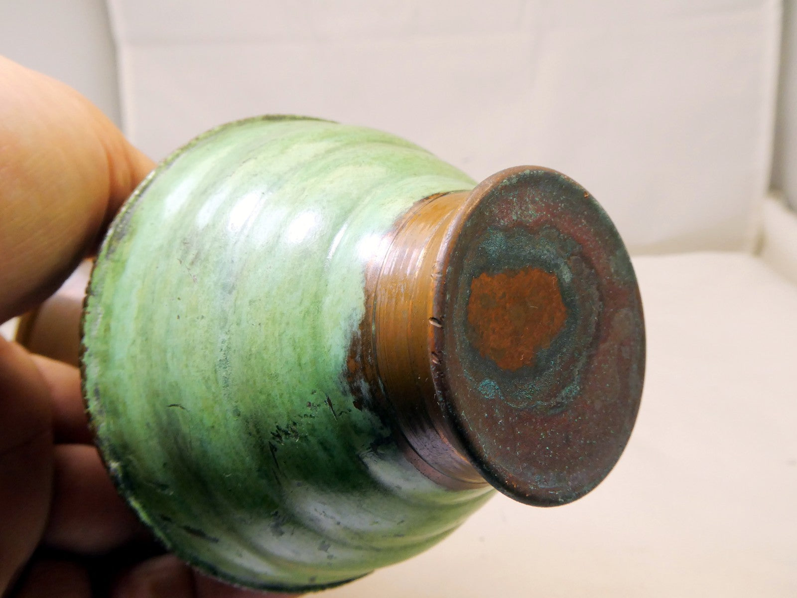 Solid Brass Vase engraved Green Floral design 6" tall east Asian handmade