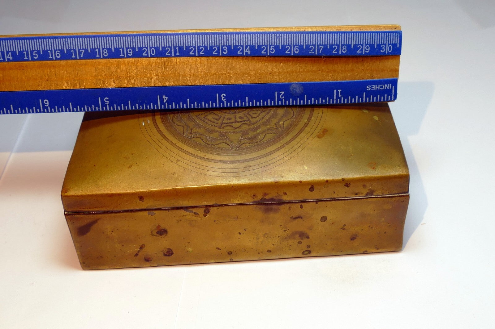 BRONZE AND WOOD TRINKET BOX INDIAN Native Inuit Sun god antique vintage
