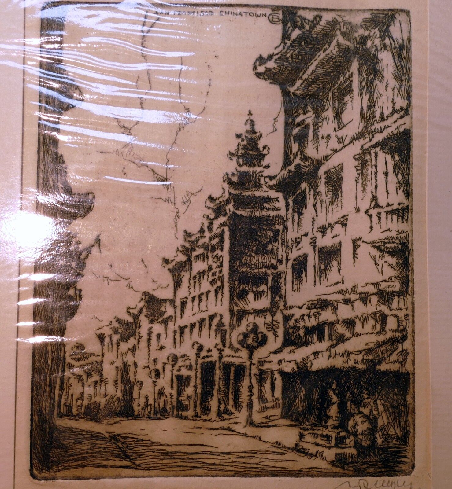 " san francisco chinatown " hand signed etching 1900's