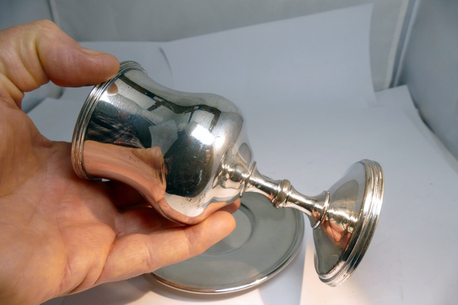 Pewter Goblet by Wallace Bros Silver Co.  V V 52 5.5" tall with plate saucer