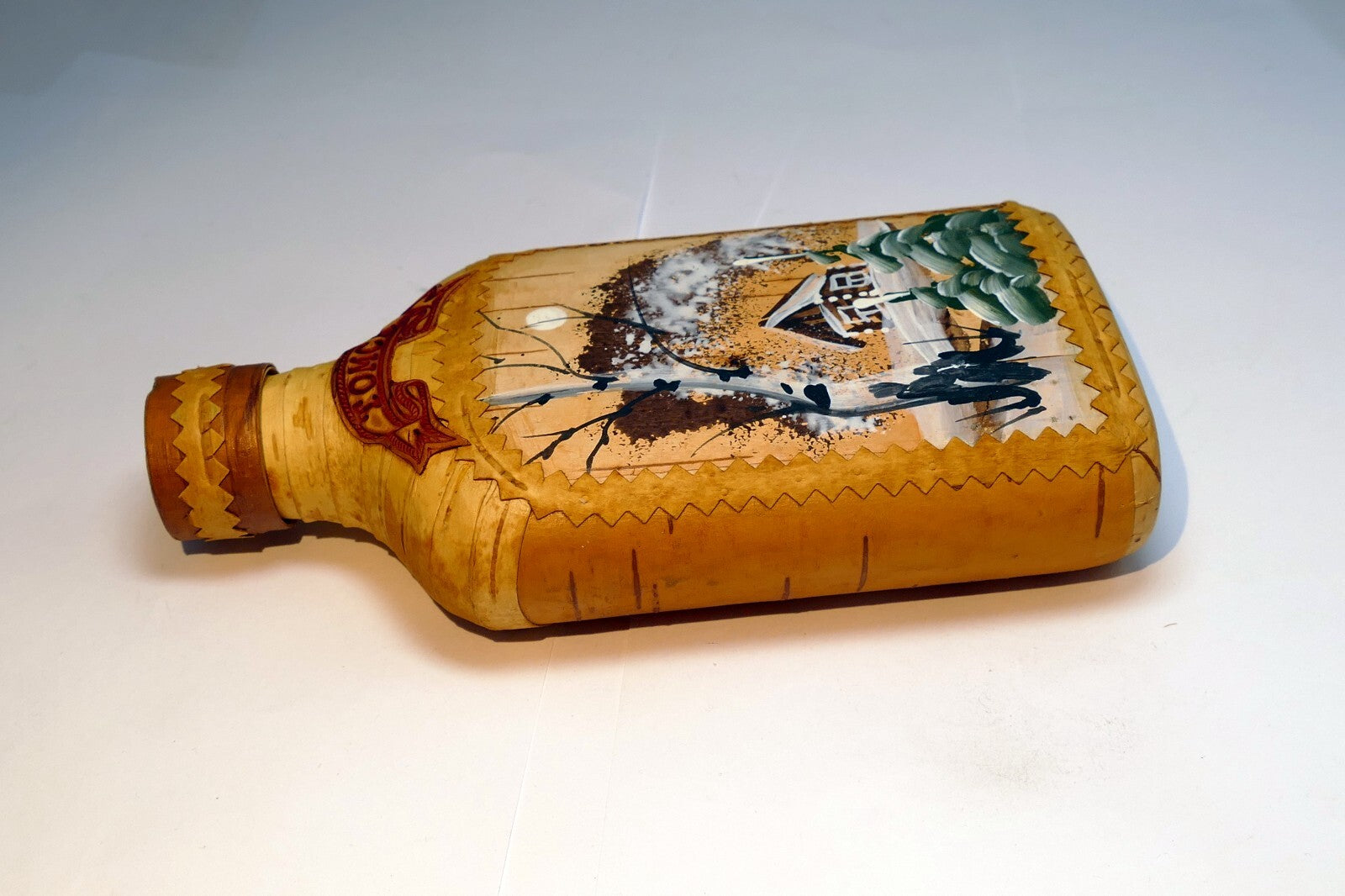 Birch Bark Wrapped Tomsk Russia Siberia Glass Bottle Hip Flask Liquor Whiskey