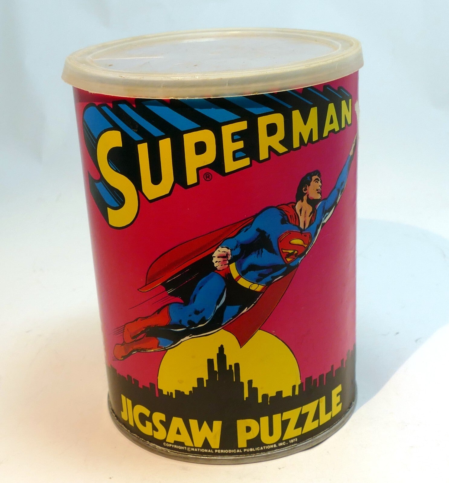 Empty tin container for 1973 "superman" jigsaw puzzle
