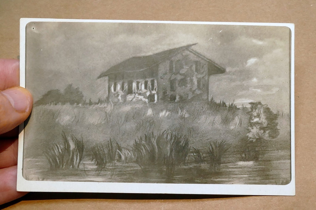Black and white  house landscape marsh Vintage Postcard 1930's unposted