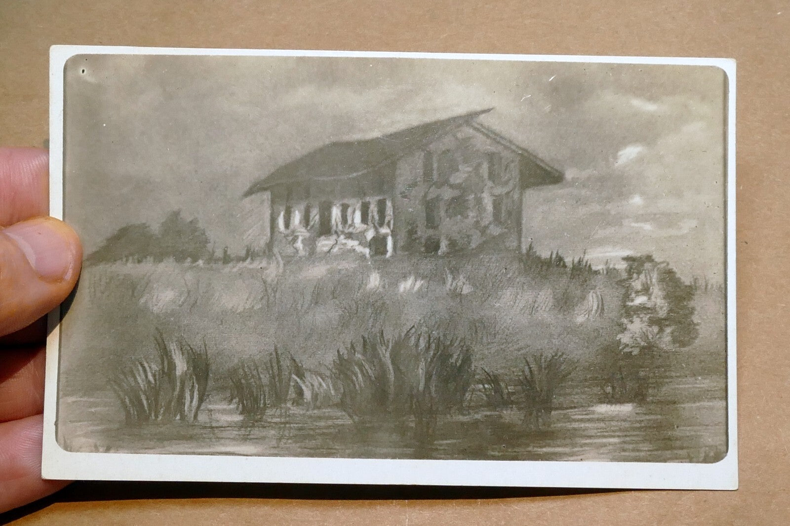 Black and white  house landscape marsh Vintage Postcard 1930's unposted