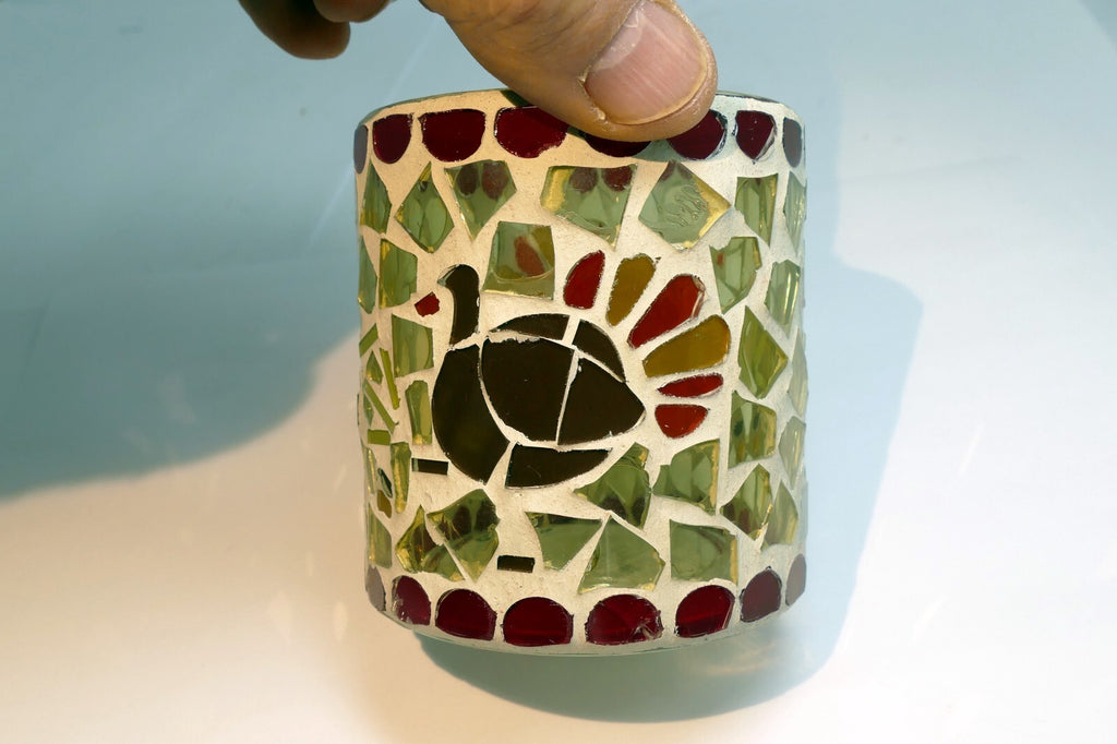 3" Glass Candle holder Red Yellow tealight hand made colorful Turkey bird