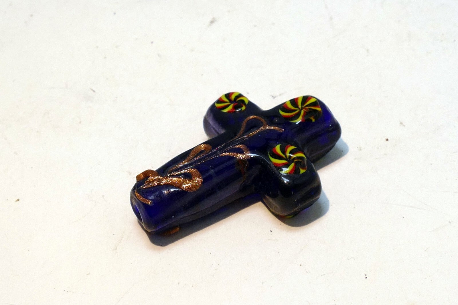 BLUE VENETIAN GLASS Dark Blue with Yellow floral design vintage 3.5cm
