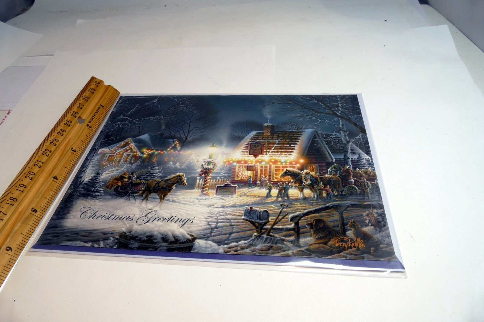 Christmas Card Season's Greeting vintage home snow winter horse sleigh dog kids