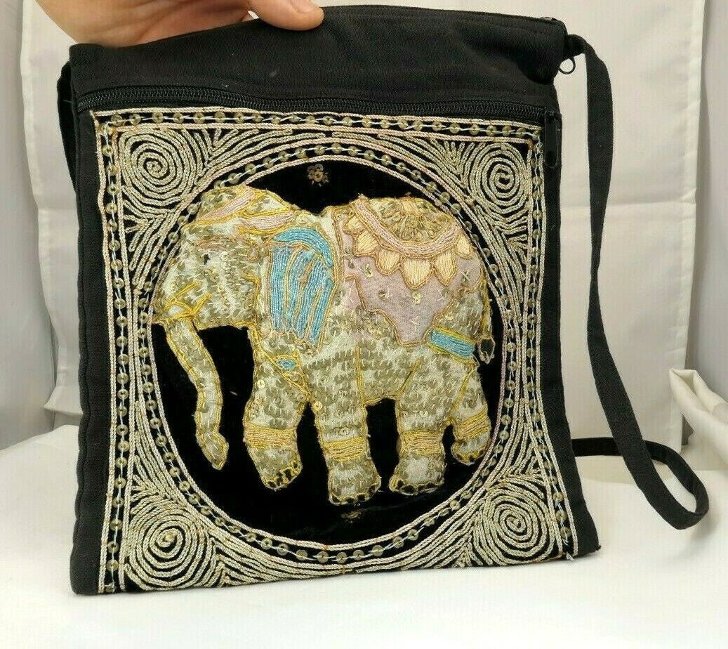 Shoulder bag handcrafted myanmar sequin embroidered tapestry elephant antique