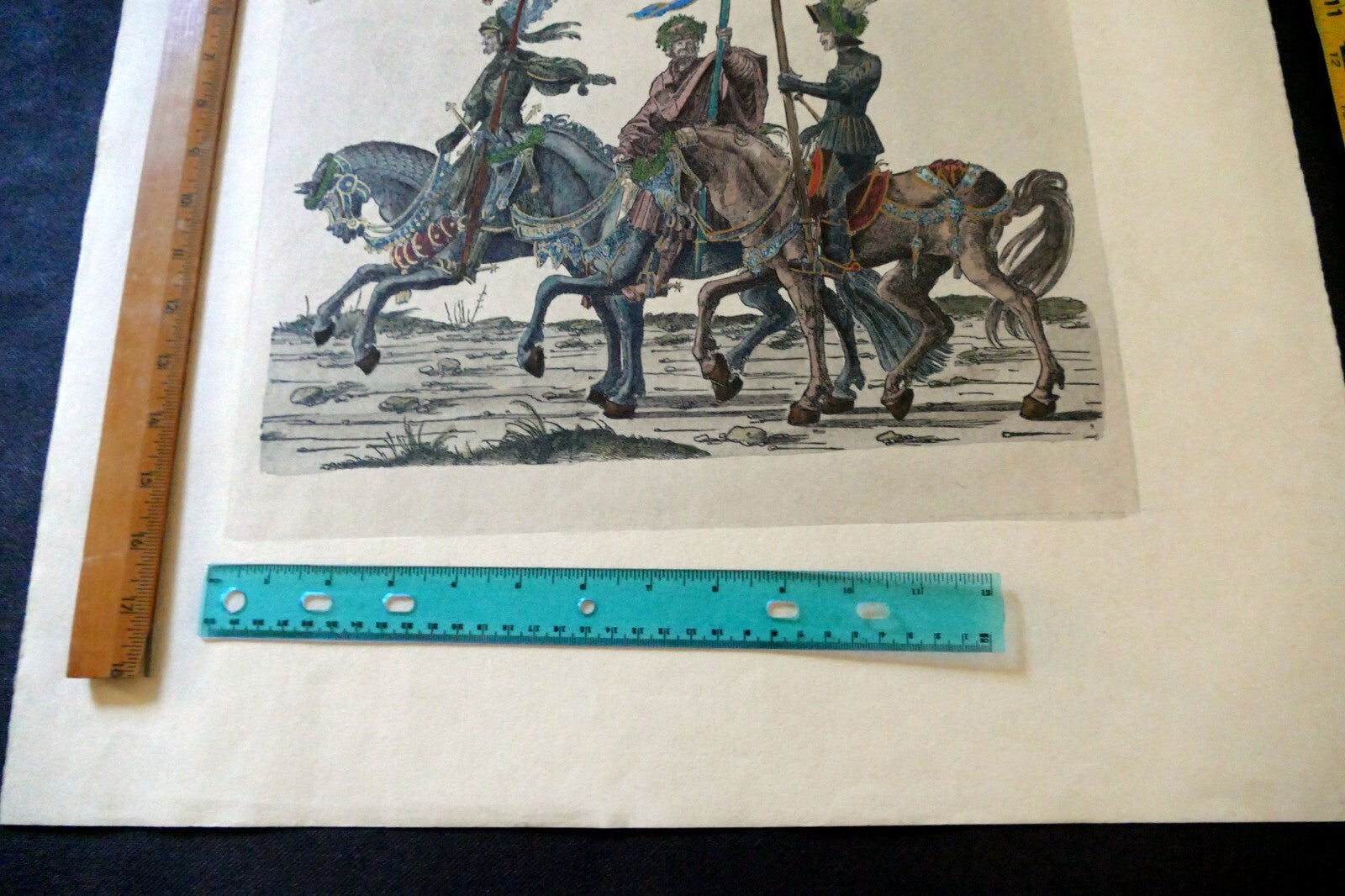 KNIGHT Flag Bearer HAND COLORED ENGRAVING large 21X24"