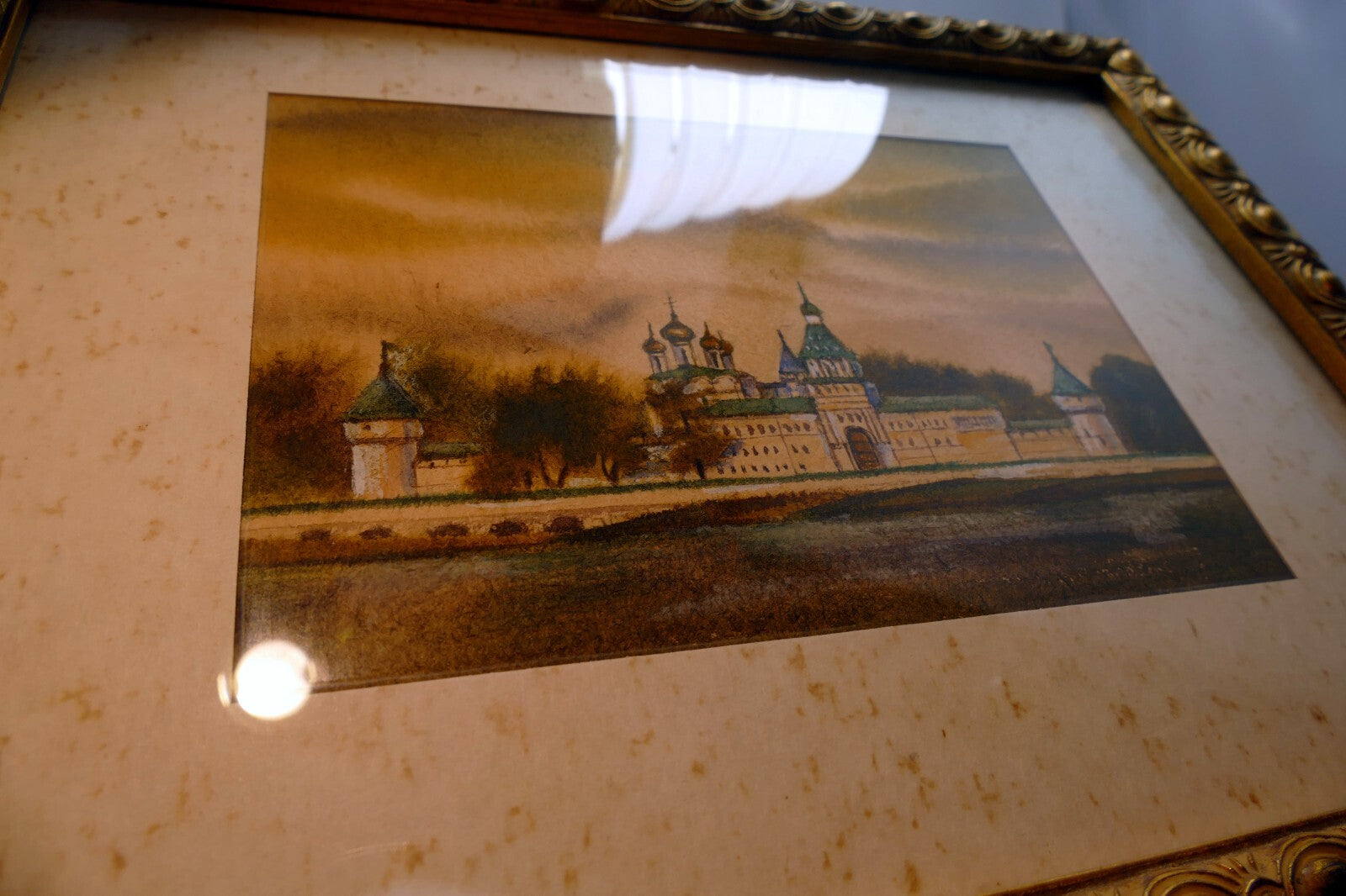 Watercolor Russia village byzantine church Art framed Russia 1990's
