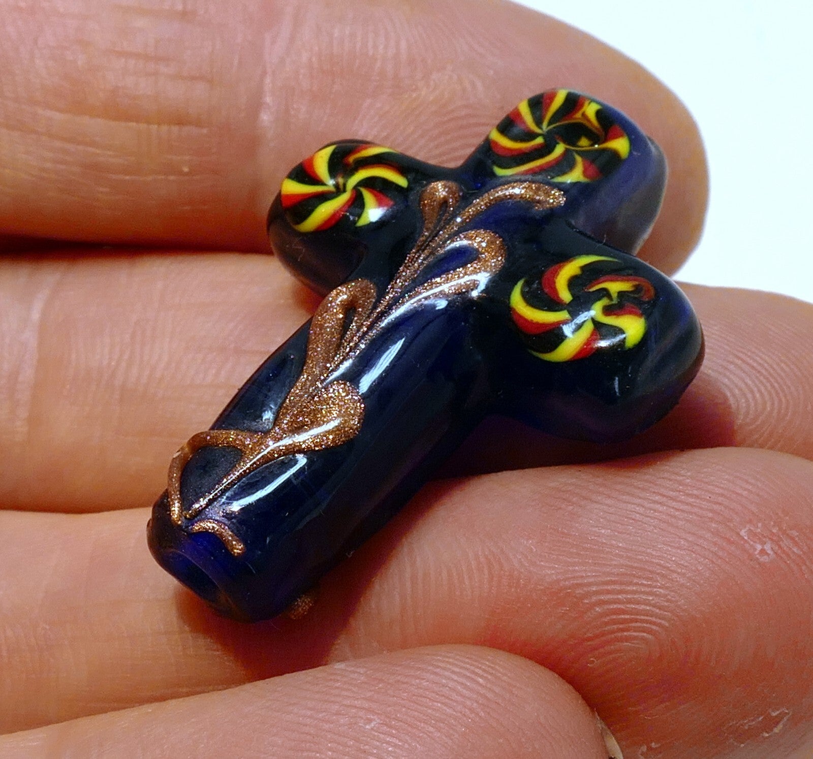 BLUE VENETIAN GLASS Dark Blue with Yellow floral design vintage 3.5cm