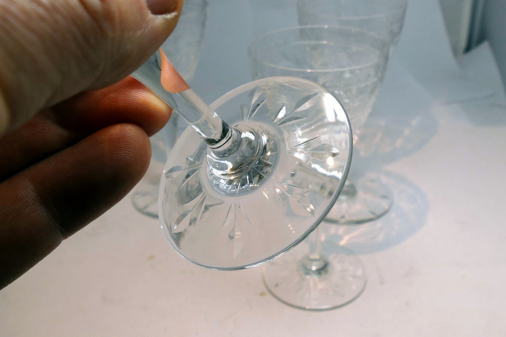 QUEEN'S Anne Lace Bohemian Wine Stem Glass Clear Cut Etched set of 4 Goblets