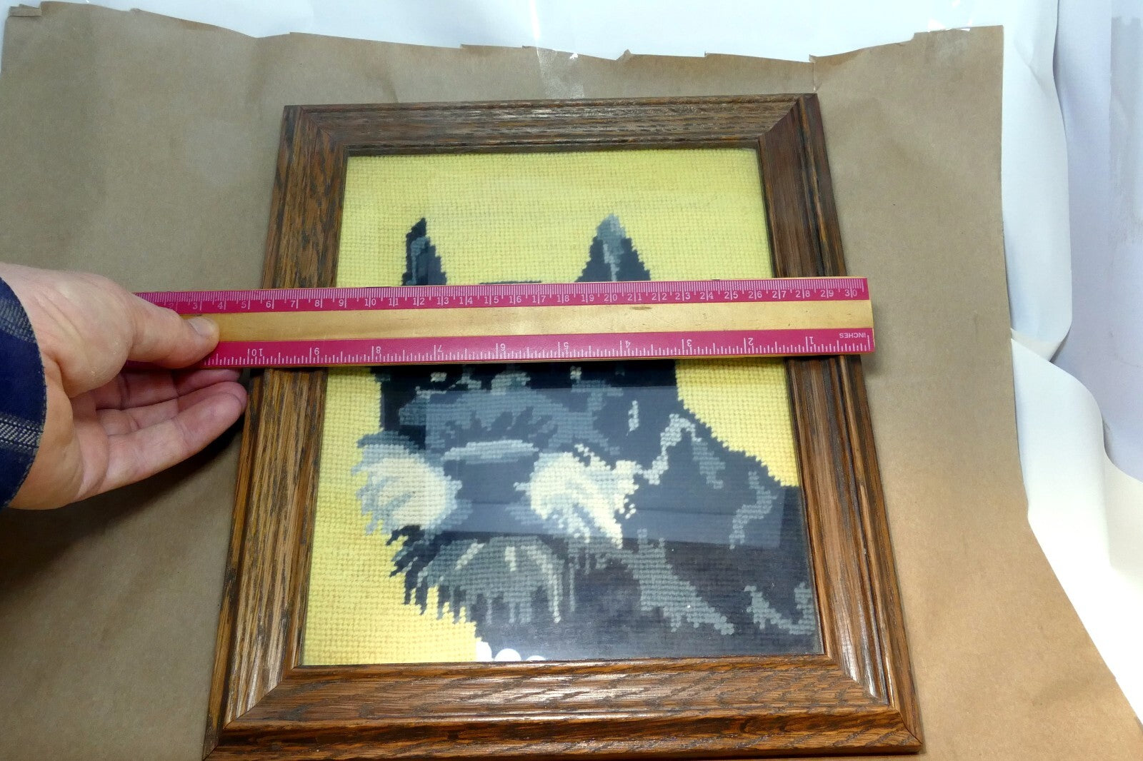 Dog Schnauzer Yarn Needlepoint Embroidered Picture Wall Art 8X10" Framed