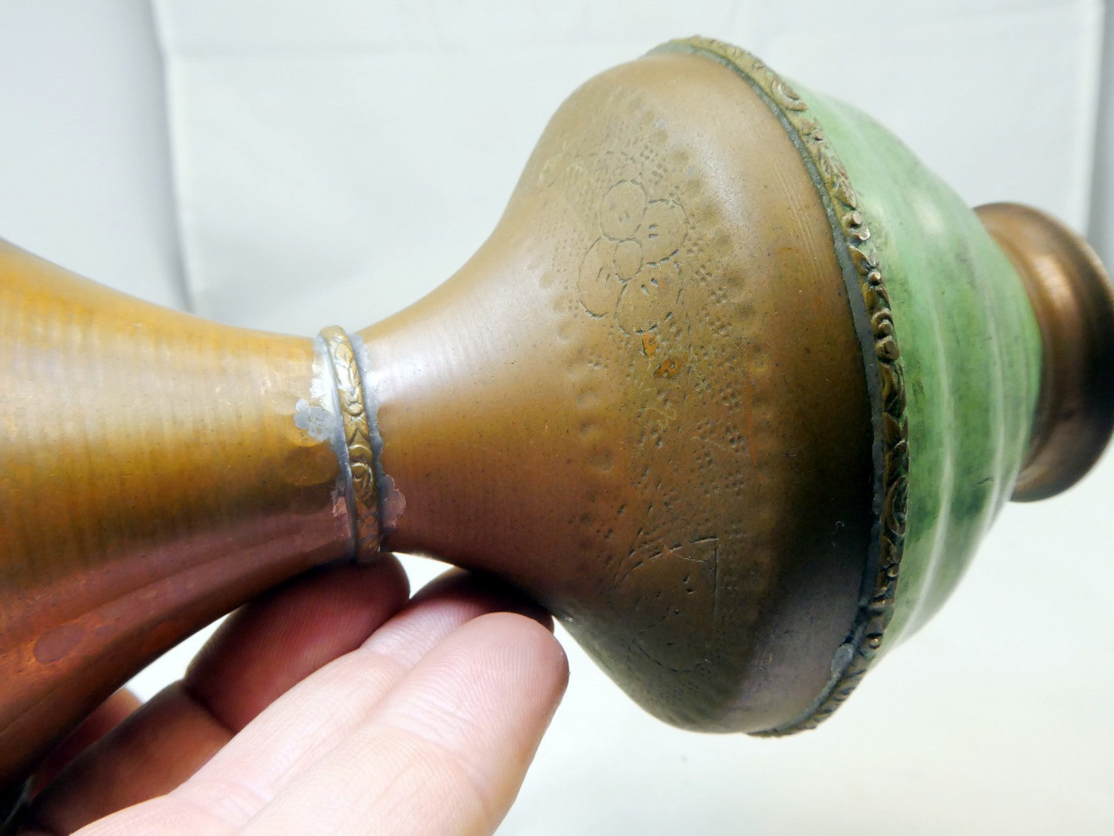 Solid Brass Vase engraved Green Floral design 6" tall east Asian handmade