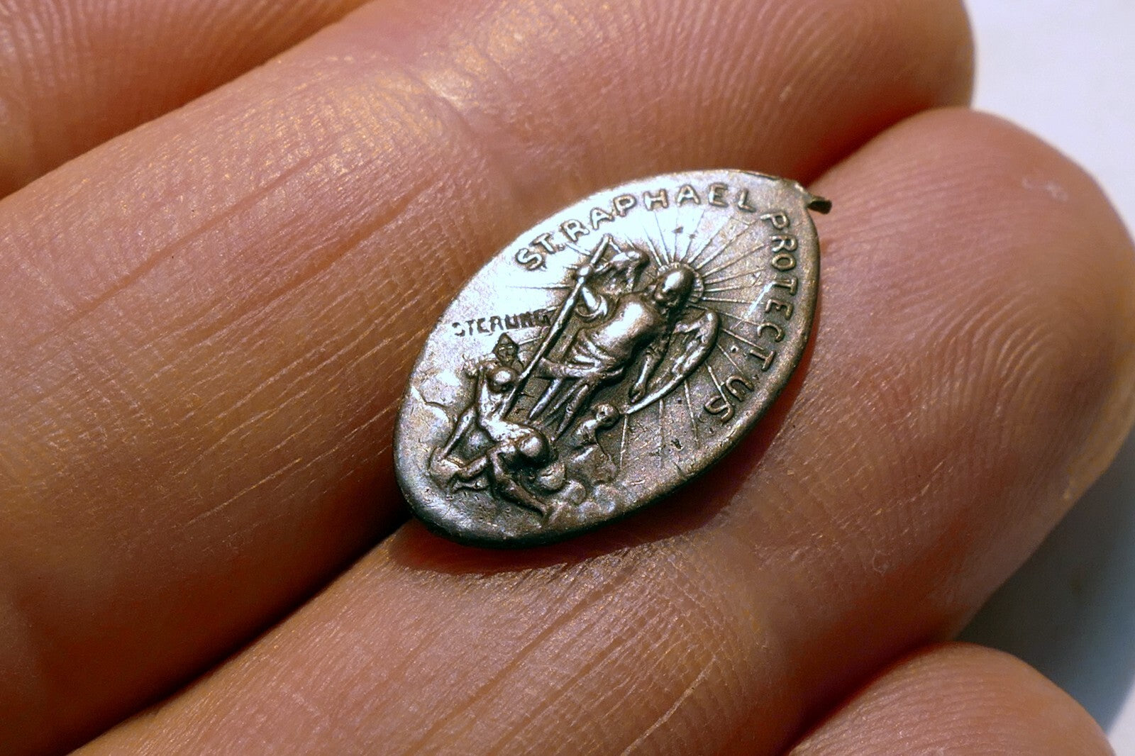 St. Christopher Pendant Charm St. Raphael Protect us w/ - broken ring on top