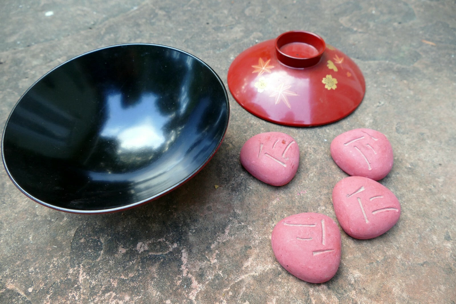 Japanese  massage stones with a bowl  vintage pink red