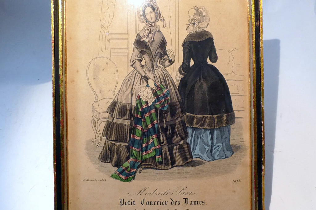 French Antique 1843 Hand coloured engraving Petit Courier des Dames Paris print
