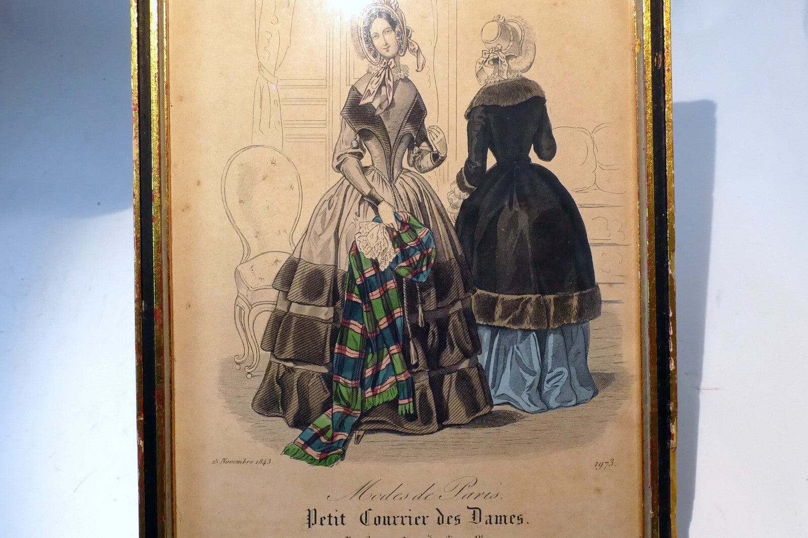 French Antique 1843 Hand coloured engraving Petit Courier des Dames Paris print