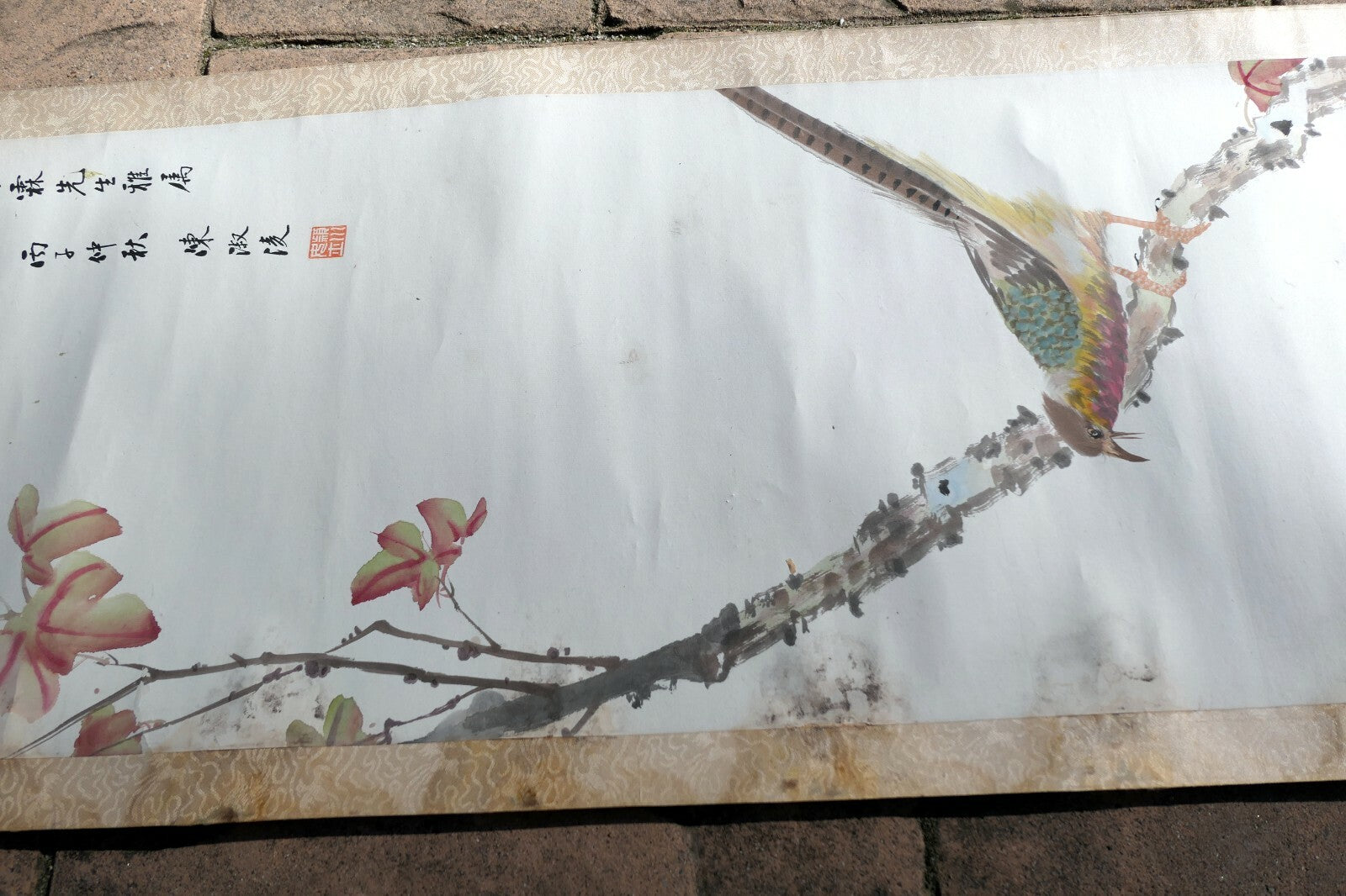 Vintage Chinese Painting Scroll Pheasant Bird Flowers Tree branch antique