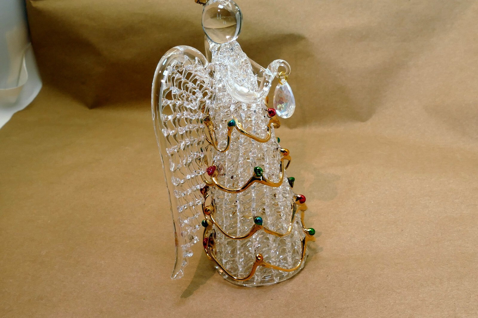 Spun Glass Crystal Christmas Ornament  gold green red hanging 6" tall Angel