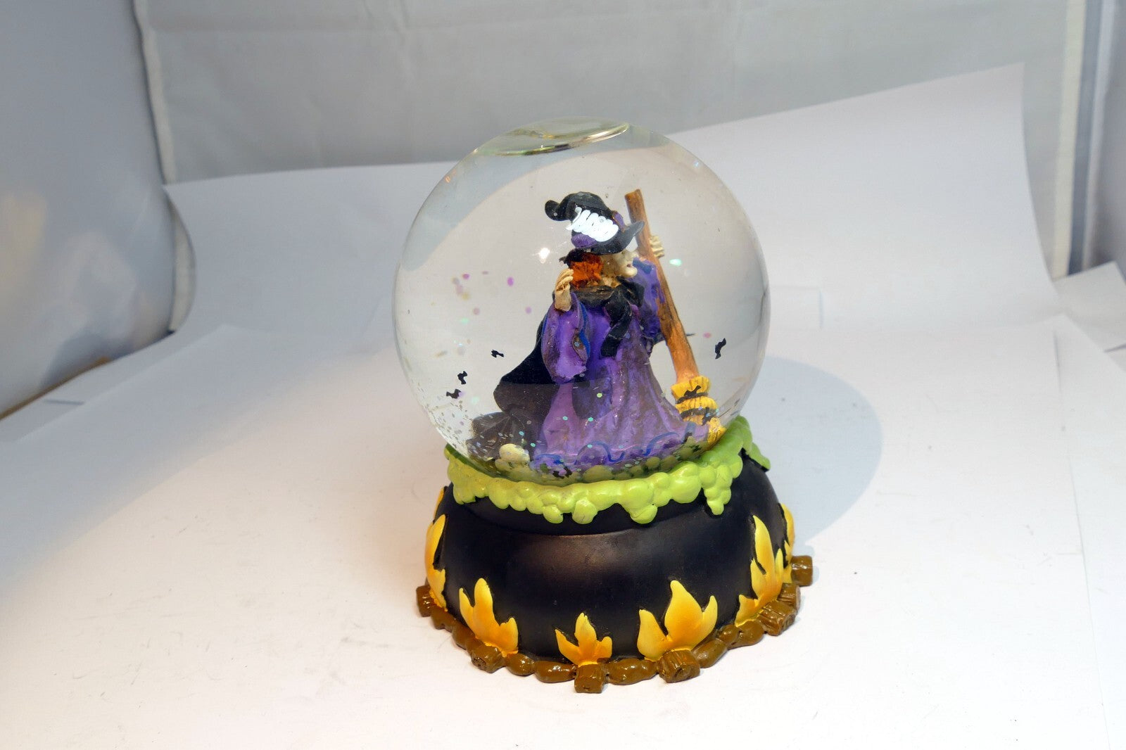 Halloween Snow Water Globe  Ball 3" Witch burning on fire with bats broom