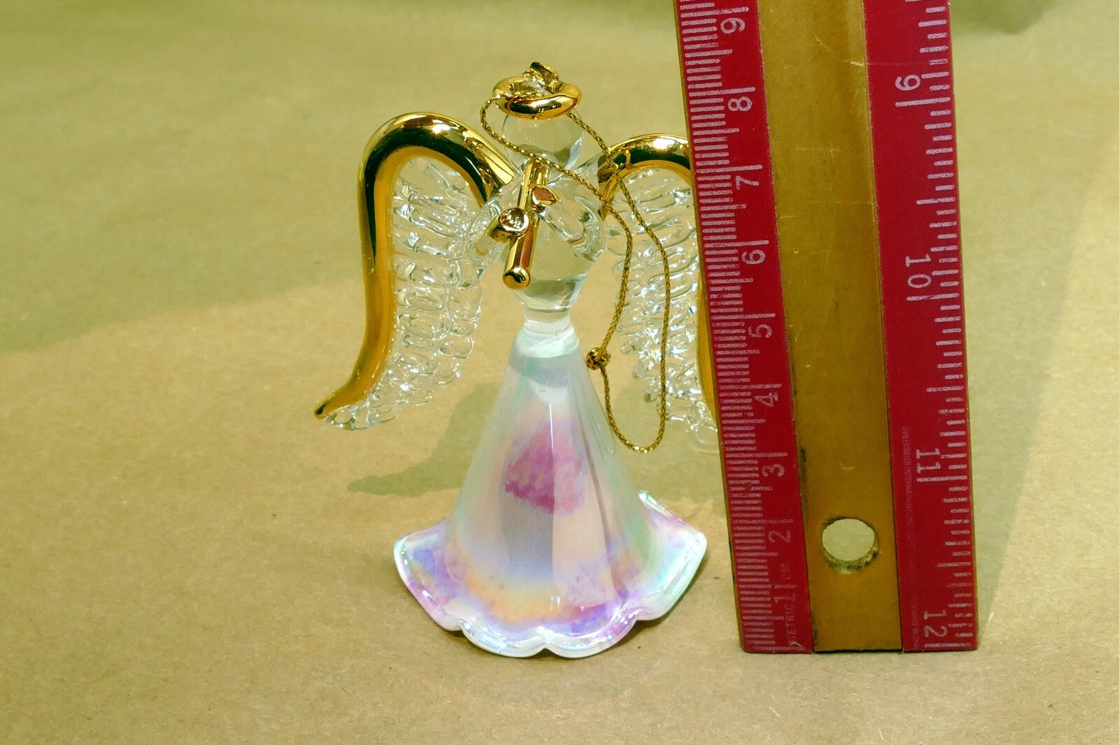 Spun Glass Crystal Christmas Ornament  Angel Gold with trumpet