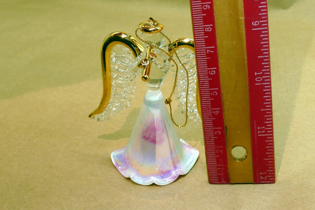 Spun Glass Crystal Christmas Ornament  Angel Gold with trumpet