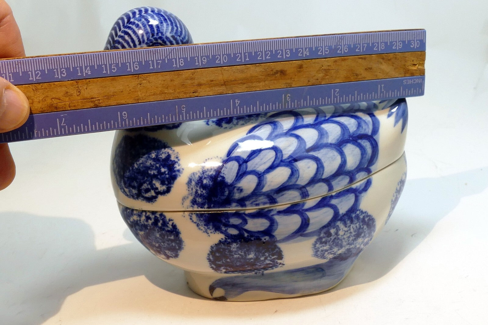 Vintage Ceramic Duck Goose Hand Painted Blue & White Trinket Box 6X4"