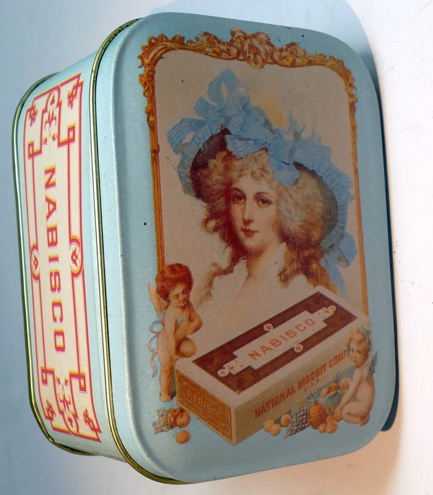 Tin box company bristol retro blue lady victorian nabisco biscuit 4"