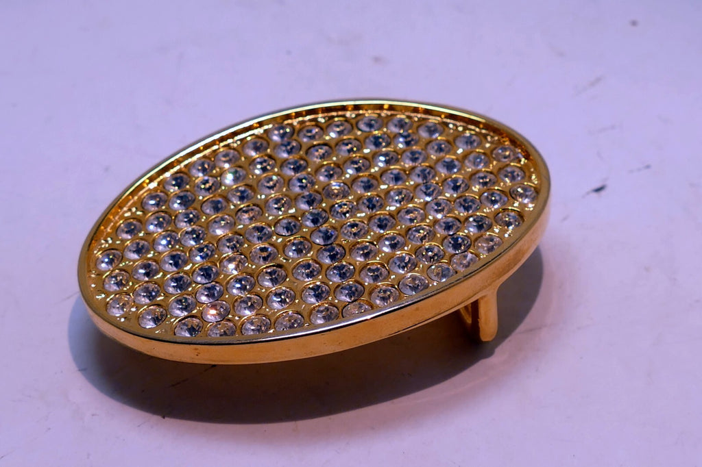 Textured Gold Tone Belt Buckle Cubic Zirconia Sparkle 5X7cm large