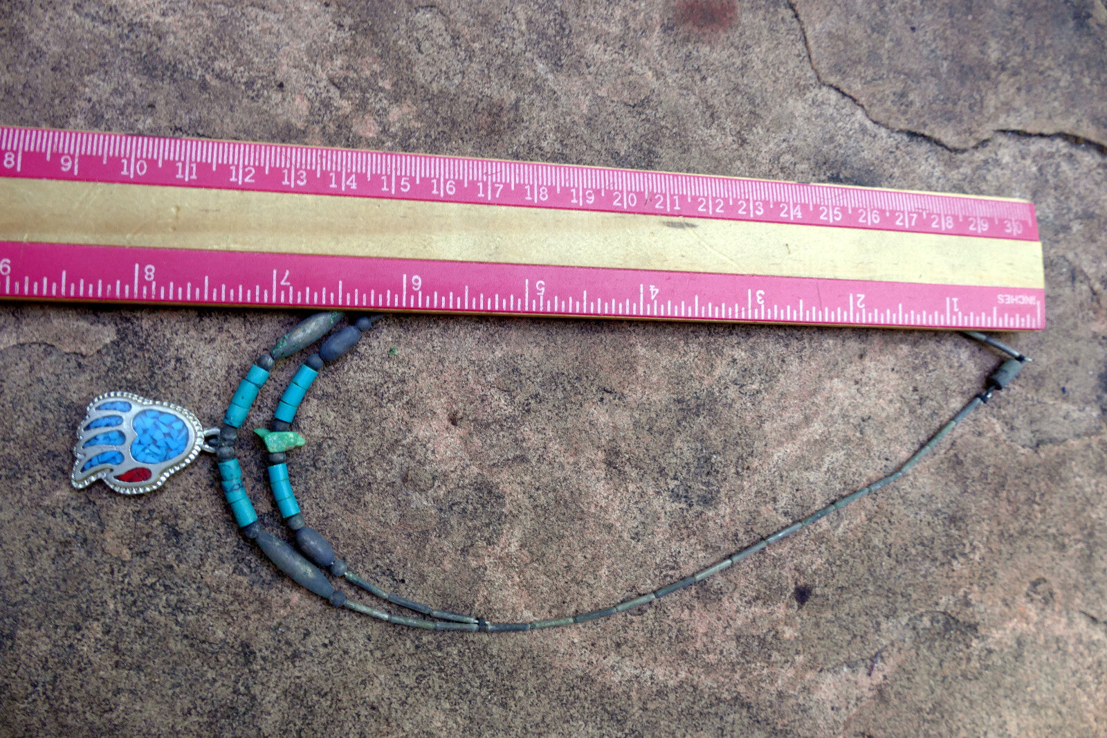 Bear Paw Brooch Necklace Inlaid Blue and Red Stones Crushed Tourquise Navajo